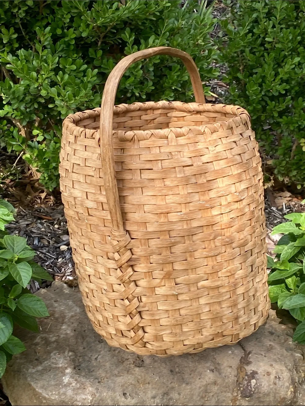 Large Antique American Splint Oak Gathering Basket in Natural Tan